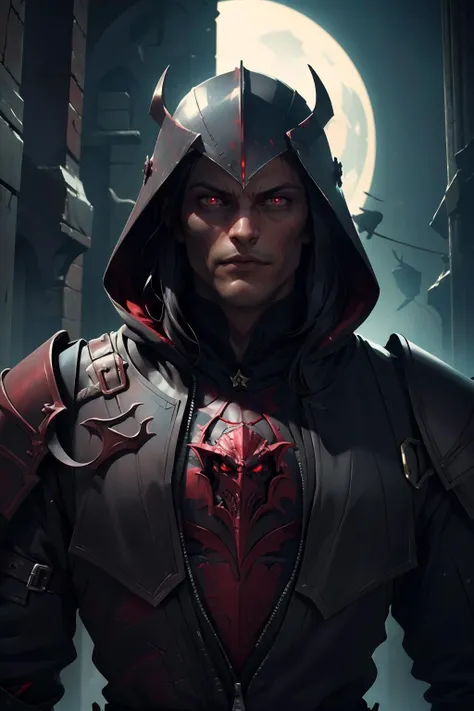 (masterpiece, best quality, highres, high resolution:1.2), extremely detailed, realistic, intricate details, 1boy, solo, looking at viewer,  <lora:strahd_v10:0.8> Strahd von Zarovich, vampire, long hair, <lora:edgBerserkHoodies-000008:1> hoodie,edgBerserker, wearing edgBerserker_([armor|hoodie]::0.5), helmet,shoulder armor,red eyes glowing, (cinematic lighting, bloom, volumetric),
