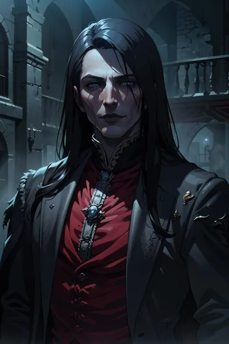 (masterpiece, best quality, highres, high resolution:1.2), extremely detailed, realistic, intricate details, 1boy, solo, looking at viewer,  <lora:strahd_v10:1>, Strahd von Zarovich, vampire, long hair, (cinematic lighting, bloom, volumetric),