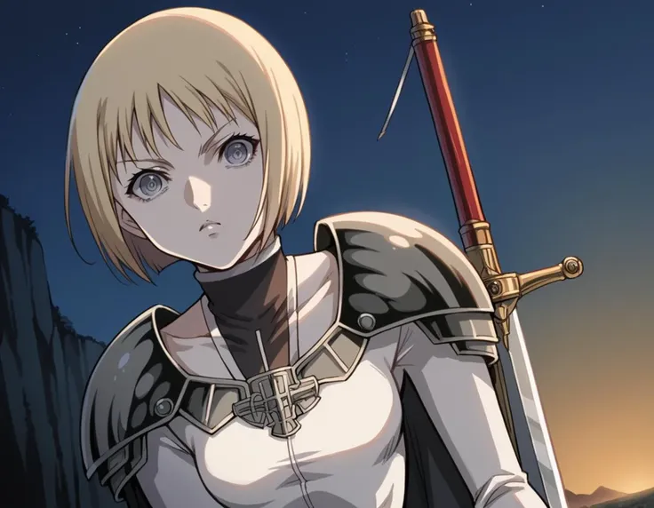 score_9, score_8_up, score_7_up, source_anime,
claymoreclaire, <lora:claymore-claire-s1-ponyxl-lora-nochekaiser:1>,
claire, short hair, blonde hair, grey eyes, bob cut, pale skin, white skin, ringed eyes,
weapon, sword, cape, armor, bodysuit, shoulder armor, pauldrons, shoulder pads,
outdoors, night, landscape, bent over,
solo, looking at viewer, cowboy shot, dutch angle,