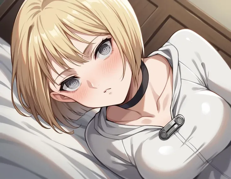 score_9, score_8_up, score_7_up, source_anime,
claymoreclaire, <lora:claymore-claire-s1-ponyxl-lora-nochekaiser:1>,
claire, short hair, blonde hair, grey eyes, bob cut, pale skin, white skin, ringed eyes,
choker, bodysuit, white bodysuit, collarbone, long sleeves,
indoors, bed, bed room, on side, blush, drunk,
solo, looking at viewer, cowboy shot, dutch angle,
