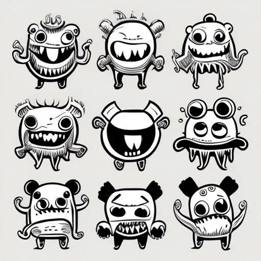 monsters, black ink white background, doodle_monsters