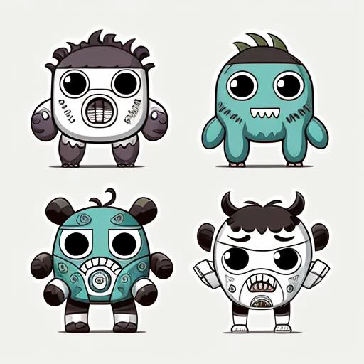 a bunch of cartoon characters are grouped together, white background, doodle_monsters style