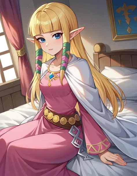 score_9, score_8_up, score_7_up, source_anime,
princesszelda, <lora:zelda-skyward-sword-ponyxl-lora-nochekaiser:1>,
zelda skyward sword, blonde hair, blue eyes, long hair, pointy ears, sidelocks, elf, bangs, blunt bangs, ribbons, hair ribbons,
belt, cape, dress, long sleeves, pink dress, white cape,
indoors, bed, bed room, on side,
looking at viewer, cowboy shot, dutch angle,