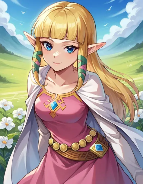 score_9, score_8_up, score_7_up, source_anime,
princesszelda, <lora:zelda-skyward-sword-ponyxl-lora-nochekaiser:1>,
zelda skyward sword, blonde hair, blue eyes, long hair, pointy ears, sidelocks, elf, bangs, blunt bangs, ribbons, hair ribbons, smile,
belt, cape, dress, long sleeves, pink dress, white cape,
outdoors, field, flowers,, bent over,
looking at viewer, cowboy shot, dutch angle,