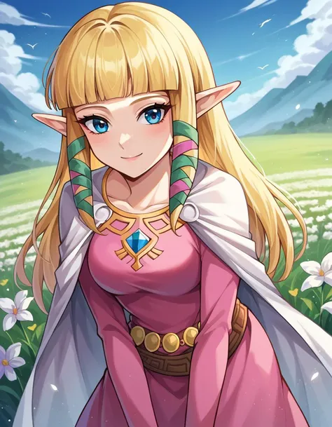 score_9, score_8_up, score_7_up, source_anime,
princesszelda, <lora:zelda-skyward-sword-ponyxl-lora-nochekaiser:1>,
zelda skyward sword, blonde hair, blue eyes, long hair, pointy ears, sidelocks, elf, bangs, blunt bangs, ribbons, hair ribbons, smile,
belt, cape, dress, long sleeves, pink dress, white cape,
outdoors, field, flowers,, bent over,
looking at viewer, cowboy shot, dutch angle,