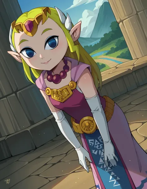 score_9, score_8_up, score_7_up, source_anime,
princesszelda, <lora:toon-zelda-ingame-ponyxl-lora-nochekaiser:0.8>,
zelda, long hair, blue eyes, blonde hair, pointy ears, empty eyes, princess zelda,
gloves, dress, jewelry, elbow gloves, belt, necklace, tiara, pink dress, triforce,
outdoors, landscape, smile, bent over,
looking at viewer, solo, dutch angle, cowboy shot,