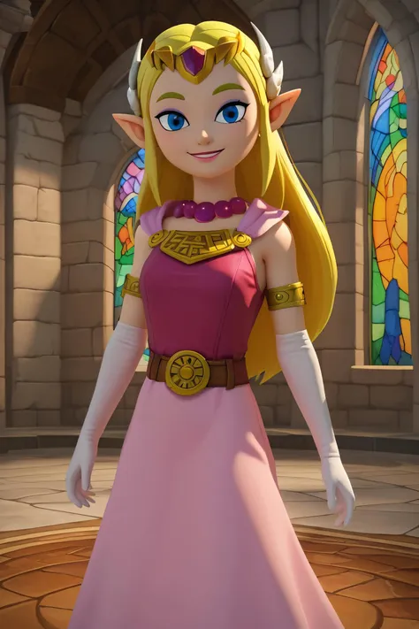 zPDXL2,<lora:toon-zelda-ingame-ponyxl-lora-nochekaiser:.6>, <lora:Beautiful_CAT_Pony:1>
zelda, woman, long blonde air, blue eyes, pointy ears, jewelry, elbow gloves, belt, necklace, tiara, pink dress, triforce, looking at viewer, smiling, standing, inside church, stone walls, stained glass,