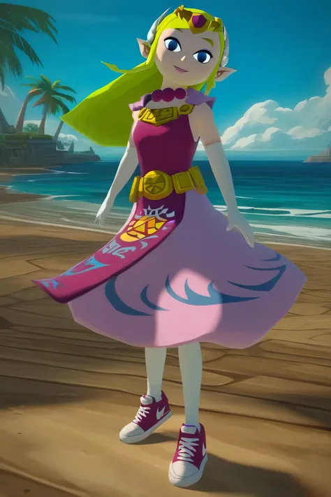 zPDXL2,<lora:toon-zelda-ingame-ponyxl-lora-nochekaiser:.8>
zelda, woman, long blonde air, blue eyes, pointy ears, jewelry, elbow gloves, belt, necklace, tiara, pink dress, triforce, nike shoes ,looking at viewer, smiling, standing, outside, beach, sand, palm trees, ocean, sunny,