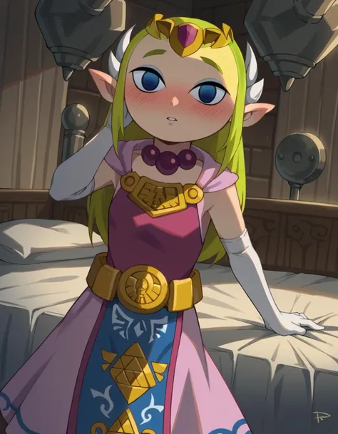 score_9, score_8_up, score_7_up, source_anime,
princesszelda, <lora:toon-zelda-ingame-ponyxl-lora-nochekaiser:0.8>,
zelda, long hair, blue eyes, blonde hair, pointy ears, empty eyes, princess zelda,
gloves, dress, jewelry, elbow gloves, belt, necklace, tiara, pink dress, triforce,
indoors, bed, bed room, on side, blush, drunk,
looking at viewer, solo, dutch angle, cowboy shot,