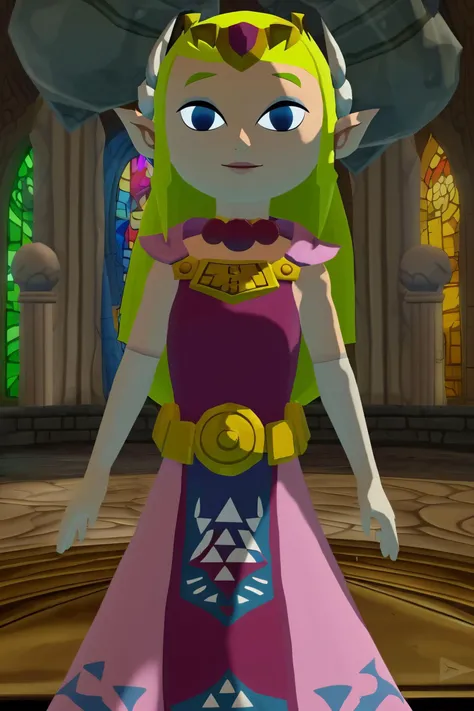zPDXL2,<lora:toon-zelda-ingame-ponyxl-lora-nochekaiser:.8>
zelda, woman, long blonde air, blue eyes, pointy ears, jewelry, elbow gloves, belt, necklace, tiara, pink dress, triforce, looking at viewer, smiling, medium shot, standing, inside church, stone walls, stained glass,