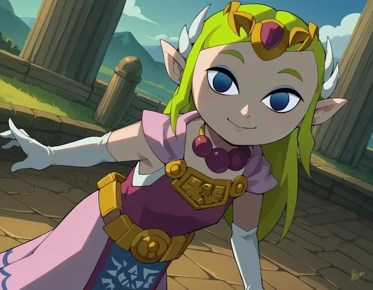 score_9, score_8_up, score_7_up, source_anime,
princesszelda, <lora:toon-zelda-ingame-ponyxl-lora-nochekaiser:0.8>,
zelda, long hair, blue eyes, blonde hair, gloves, dress, jewelry, pointy ears, elbow gloves, belt, necklace, tiara, pink dress, empty eyes, triforce, princess zelda,
outdoors, landscape, smile, bent over,
looking at viewer, solo, dutch angle, cowboy shot,