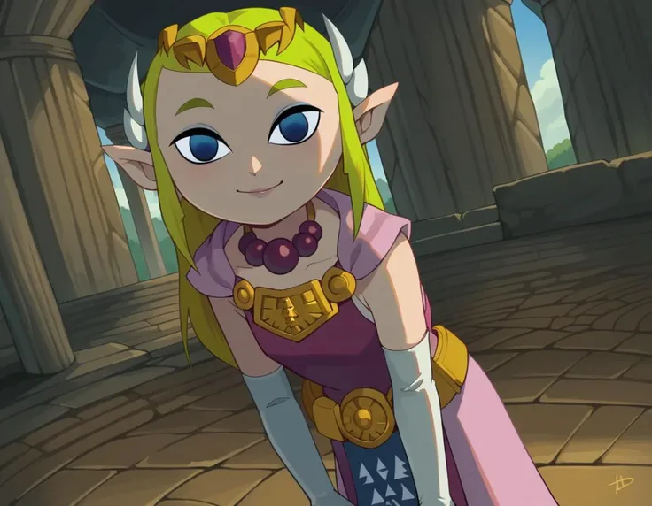 score_9, score_8_up, score_7_up, source_anime,
princesszelda, <lora:toon-zelda-ingame-ponyxl-lora-nochekaiser:0.8>,
zelda, long hair, blue eyes, blonde hair, gloves, dress, jewelry, pointy ears, elbow gloves, belt, necklace, tiara, pink dress, empty eyes, triforce, princess zelda,
outdoors, landscape, smile, bent over,
looking at viewer, solo, dutch angle, cowboy shot,