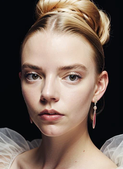 A stunning intricate color close up portrait of (sks woman:1) , wearing Cocktail dress, epic character composition, sharp focus, natural lighting, subsurface scattering, f2, 35mm, film grain, , by Guy Bourdin, <lora:lora-small-anya-taylor-joy-v1:1>