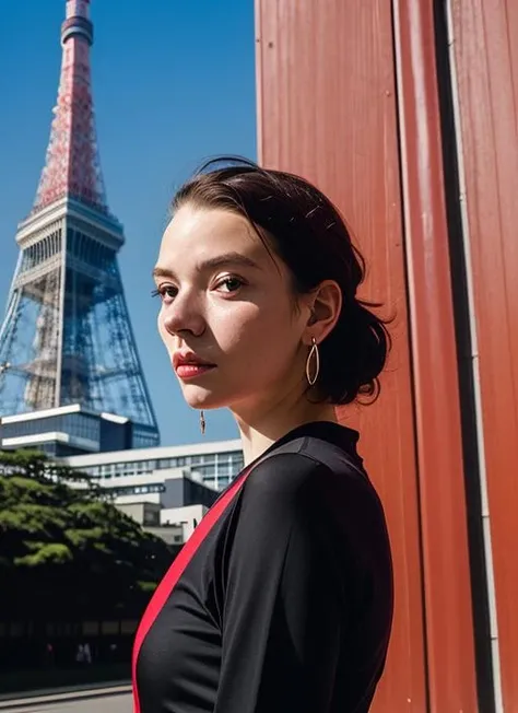 portrait of sks woman in Tokyo, with the Tokyo Tower in the background, by Flora Borsi, style by Flora Borsi, bold, bright colours, ((Flora Borsi)), by Edward Weston, <lora:lora-small-anya-taylor-joy-v1:1>