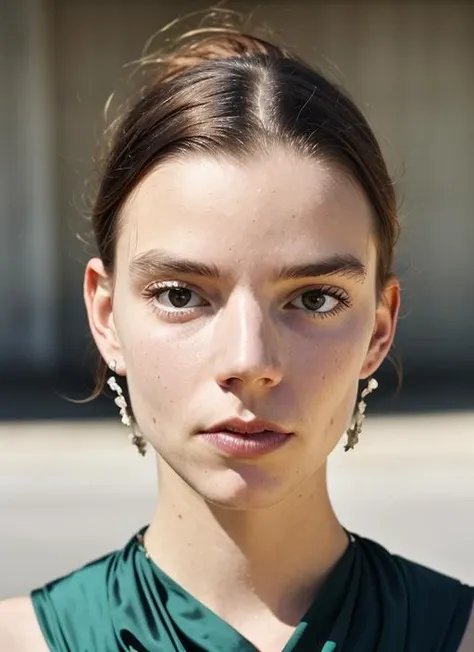 A stunning intricate color close up portrait of (sks woman:1) , wearing Wrap dress, epic character composition, sharp focus, natural lighting, subsurface scattering, f2, 35mm, film grain, , by Dorothea Lange, <lora:lora-small-anya-taylor-joy-v1:1>