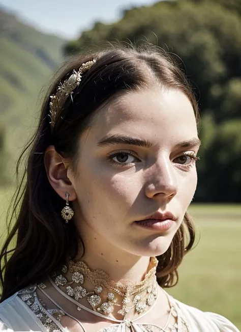 A stunning intricate color close up portrait of (sks woman:1) , wearing Boho maxi skirt and lace blouse, epic character composition, sharp focus, natural lighting, subsurface scattering, f2, 35mm, film grain, , by Tim Walker, <lora:lora-small-anya-taylor-joy-v1:1>