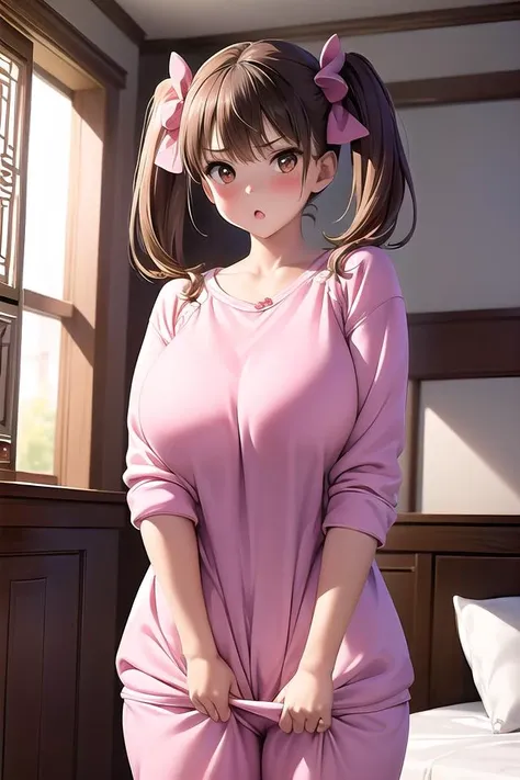 (masterpiece, best quality:1.2),
highres,
skin_detail,
face_detail,
lustrous_skin:1.4,
skindentation,
1girl, rumi, with brown_eyes, 16yo,
brown_eyes,
bangs, brown_hair, hair_bow, twintails, pink_bow, pink_ribbon,
orange pajamas, cat print, pajama pants,
ultra_large_breasts,
innocent_big_eyes:1.1,
light_blushing,
breasts,
,
indoor,
surprised,
:o, 
cute,
sexy_pose,
breasts,_focus,
cowboy_shot,
<lora:rumi_anyhentai19_V1:0.6>
<lora:eu03 2:0.2>
<lora:exbikini2:0.2>