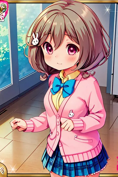 (masterpiece, best quality), 1girl, <lora:Kazemachi-Haruka:1> kazemachiharuka, brown hair, rabbit hair ornament, twintails, short hair, pink eyes, pink cardigan, blue bowtie, yellow shirt, blue skirt, plaid skirt, school uniform