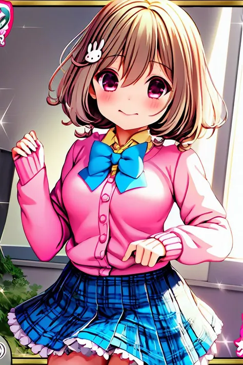 (masterpiece, best quality), 1girl, <lora:Kazemachi-Haruka:1> kazemachiharuka, brown hair, rabbit hair ornament, twintails, short hair, pink eyes, pink cardigan, blue bowtie, yellow shirt, blue skirt, plaid skirt, school uniform