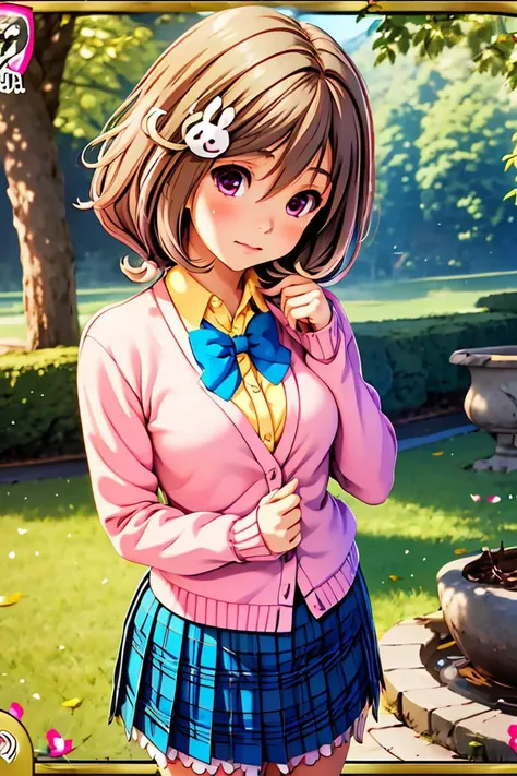 (masterpiece, best quality), 1girl, <lora:Kazemachi-Haruka:1> kazemachiharuka, brown hair, rabbit hair ornament, twintails, short hair, pink eyes, pink cardigan, blue bowtie, yellow shirt, blue skirt, plaid skirt, school uniform