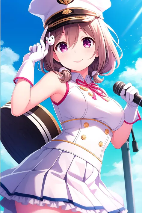 (masterpiece, best quality), highly detailed background, perfect lightingbest quality, kazemachiharuka, solo, outdoors, shako cap, white headwear, light brown hair, low twintails, hair between eyes, hairclip, rabbit hair ornament, short hair, pink eyes, medium breasts, white shirt, sleeveless shirt, white gloves, white skirt, frilled skirt, band uniform, smile, closed mouth, :), pink lips, <lora:Kazemachi-Haruka-2-10:0.7>