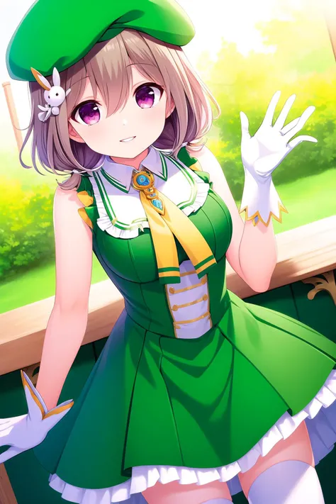 (masterpiece, best quality), highly detailed background, perfect lightingbest quality, kazemachiharuka, solo, outdoors, magical girl, beret, green headwear, light brown hair, low twintails, musical note hair ornament, hair between eyes, short hair, pink eyes, medium breasts, green dress, frilled dress, sleeveless dress, black necktie, bare shoulders, white gloves, green skirt, frilled skirt, white thighhighs, smile, closed mouth, parted lips, pink lips, <lora:Kazemachi-Haruka-2-10:0.7>
