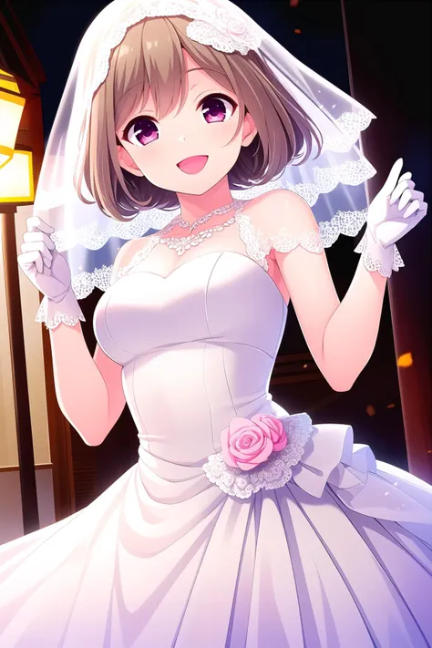 (masterpiece, best quality), highly detailed background, perfect lightingbest quality, kazemachiharuka, solo, outdoors, bridal veil, light brown hair, short hair, pink eyes, medium breasts, wedding dress, white dress, white gloves, frilled skirt, smile, open mouth, ;d, pink lips, <lora:Kazemachi-Haruka-2-10:0.7>