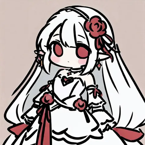 chibi, flat-color-style,(masterpiece),(best quality),
1girl, mature female, elf, white dress, blush, white hair, bangs,dress,white dress,hair ornament,flower,looking at viewer,hair flower,red flower,red ribbon,white veil,bare shoulders,choker,ribbon,bangs,alternate costume,from side,rose,upper body,strapless,very long hair,hair ribbon,red rose,closed mouth,wrist cuffs,strapless dress,looking to the side,sidelocks,detached sleeves,white choker,frills,
 <lora:flat-color-style_A3.1_XL:1>