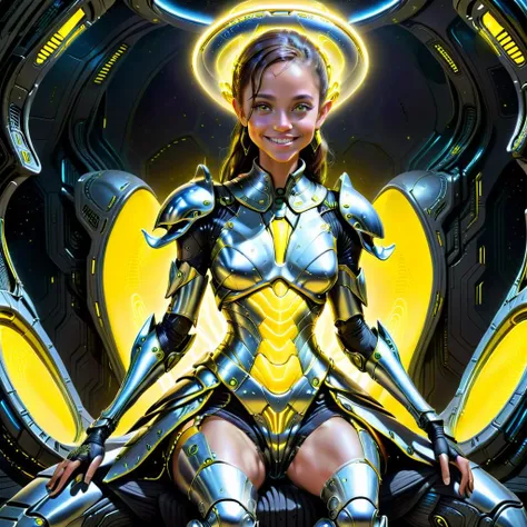 <lora:Xenomechanical_XL:1> xenomechanicalworld, scifi, futuristic, 1girl, sitting, armoured dress, looking at viewer, smiling, yellow