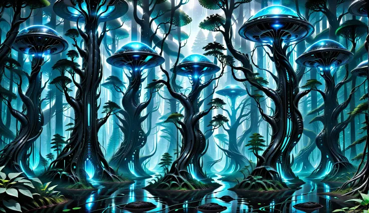 <lora:Xenomechanical_XL:1> xenomechanicalworld, scifi, futuristic, forest with trees and rivers, black
