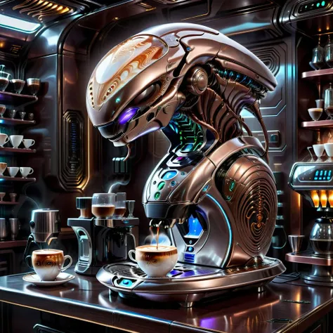 <lora:Xenomechanical_XL:1> xenomechanicalworld, scifi, futuristic, coffee machine on a bar counter, brown,