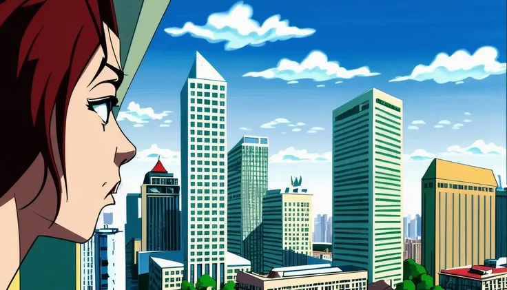 <lora:Boondocks Art Style_v1.0768:1> Boondocks Art Style, drawing, redhead woman on a balcony, city skyscrapers  in the background