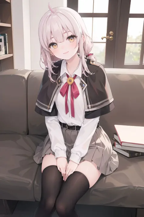 (masterpiece, best quality:1.2),illustration,8k,hd,1girl,solo,cowboy shot,medium breasts,short hair,symbol-shaped pupils,bow,hair bow,hair ornament,skirt,white hair,smile,black thighhighs,plaid skirt,sleeveless shirt,white shirt,ahoge,school uniform,bare shoulders,hairclip,ascot,detached sleeves,low ponytail,loafers,black gloves,yellow eyes,elbow gloves,plaid,pleated skirt,hair ornament,heart hair ornament,twintails,zettai ryouiki,<lora:Yui Kurata>,