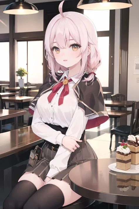 (best quality, high quality, masterpiece),(absurdres, highres), (realistic,photorealistic), 
 <lora:l8XT_v4-000010:1>1girl, white shirt, brown skirt, brown capelet, black thighhighs, ace_taffy, ahoge,upper body, large breasts, 
indoors, cafe,