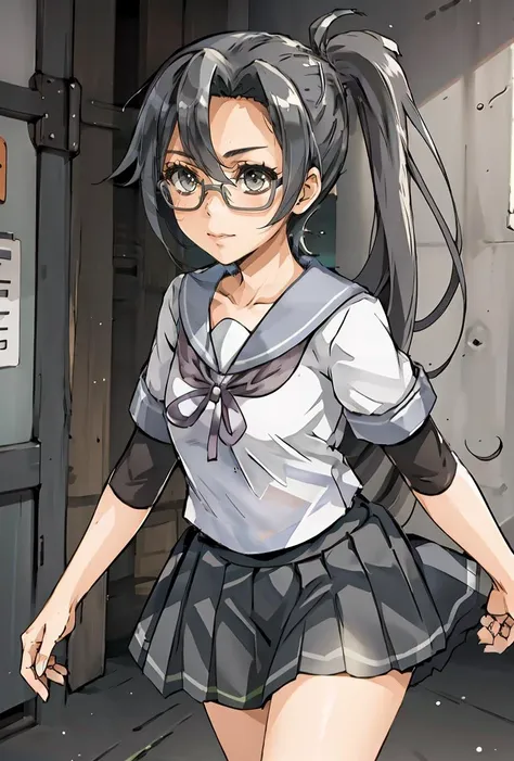 (masterpiece, best quality), 1girl,    <lora:amagiri:0.8> amagiriKC, 1girl, solo, long hair,school uniform, ponytail, short sleeves, pleated skirt, glasses, serafuku, grey skirt, asymmetrical bangs, undershirt, grey sailor collar, grey ribbon,bike shorts,