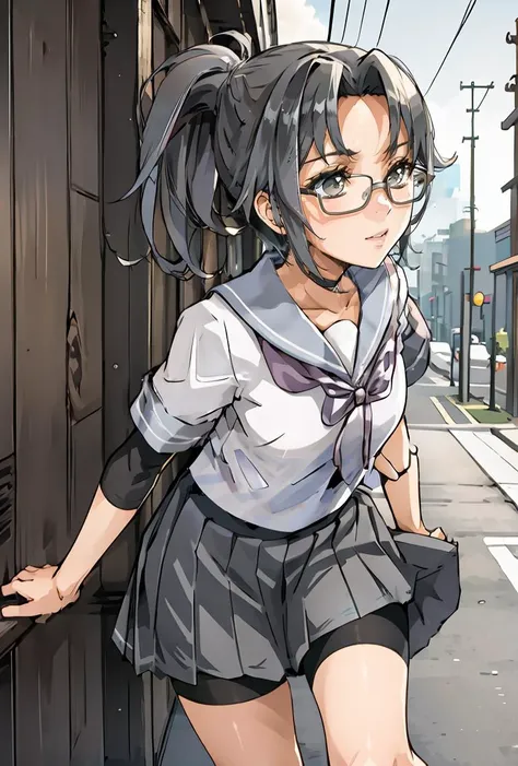 (masterpiece, best quality), 1girl,    <lora:amagiri:0.8> amagiriKC, 1girl, solo, long hair,school uniform, ponytail, short sleeves, pleated skirt, glasses, serafuku, grey skirt, asymmetrical bangs, undershirt, grey sailor collar, grey ribbon,bike shorts,