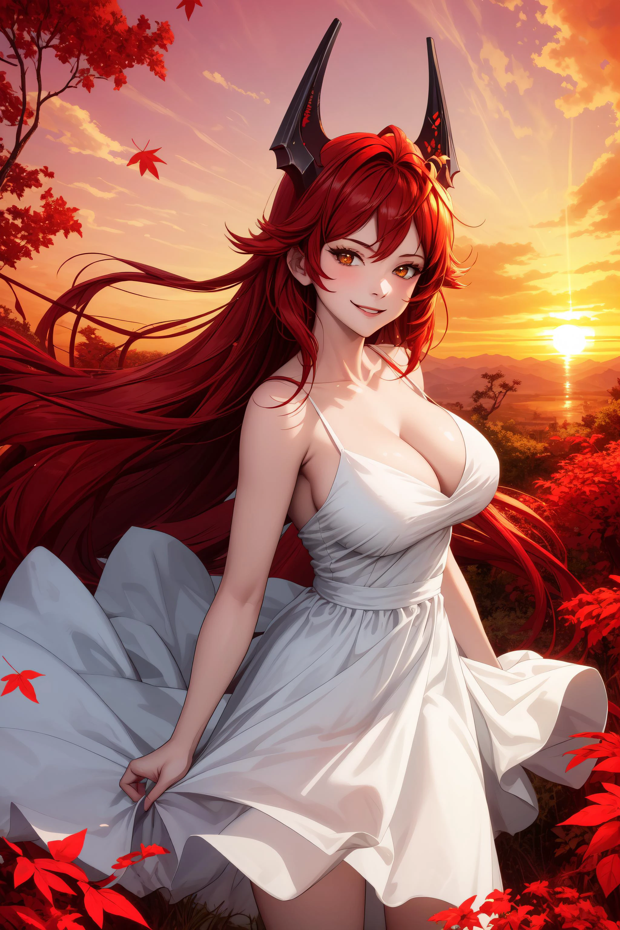 <lora:RedHoodX_V2:0.9> masterpiece, best quality, redhoodx, very long hair, mechanical horns, white dress, large breasts, scenery, overgrown, sunset, leaves, red theme, wind, smile, looking at viewer