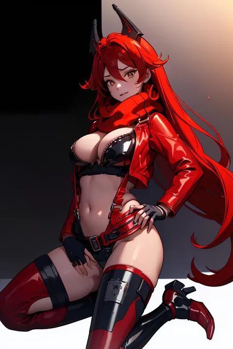 (masterpiece, best quality), 1girl,  <lora:RedHoodX_V2:1> redhoodx, very long hair, mechanical horns  red jacket, cropped jacket, red scarf, unzipped bodysuit, suspenders, black pants, belt, fingerless gloves, asymmetrical legwear, hip vent, midriff, high heel boots