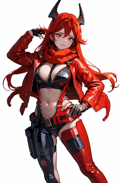 (masterpiece, best quality), 1girl,  <lora:RedHoodX_V2:1> redhoodx, very long hair, mechanical horns  red jacket, cropped jacket, red scarf, unzipped bodysuit, suspenders, black pants, belt, fingerless gloves, asymmetrical legwear, hip vent, midriff, high heel boots