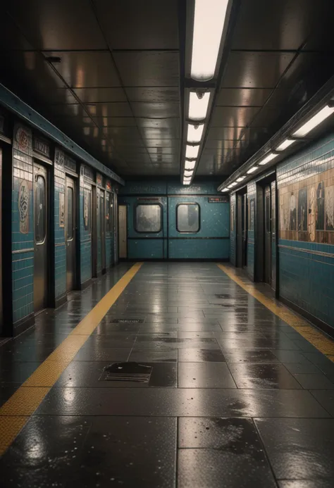 (medium full shot) of inside a surreal empty subway station, rainy, moonlight, peeling wallpaper, at dusk, Masterpiece,best quality, photo, realistic, very aesthetic