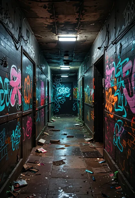 (medium full shot) of inside a nostalgic forgotten dark corridor, stormy, neon glow, graffiti-covered walls, at evening, ,Masterpiece,best quality, photo, realistic, very aesthetic,