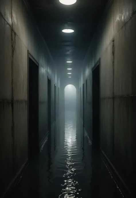 (medium full shot) of inside a quiet forgotten dark corridor, foggy, shadowy, stagnant water, at dawn, ,Masterpiece,best quality, raw photo, realistic, very aesthetic, dark