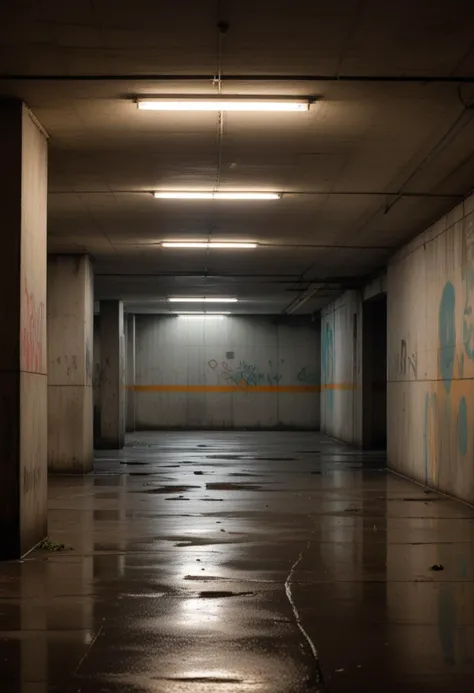 (medium full shot) of inside a surreal forgotten parking garage, drizzly, soft ambient light, shadows cast on walls, at dawn, Masterpiece,best quality, photo, realistic, very aesthetic