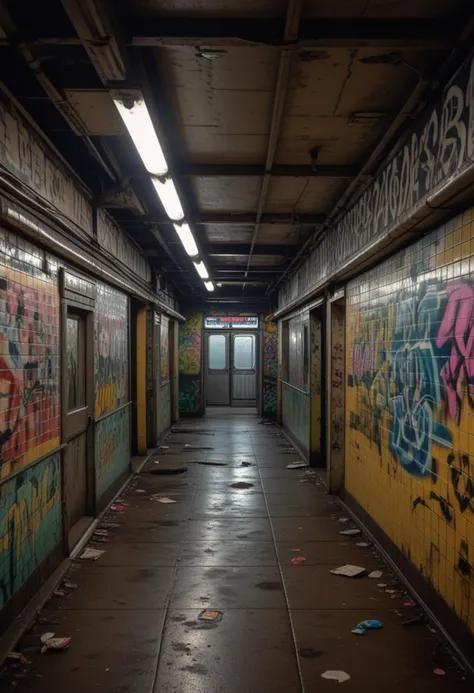 (medium full shot) of inside a nostalgic forgotten subway station, overcast, neon glow, graffiti-covered walls, at early morning, Masterpiece,best quality, photo, realistic, very aesthetic