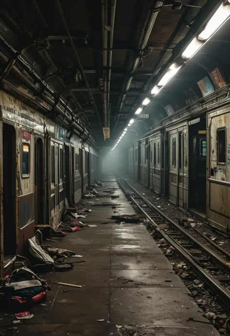 (medium full shot) of inside a unsettling abandonned subway station, misty, dimly lit, rusting metal, at dawn, ,Masterpiece,best quality, photo, realistic, very aesthetic