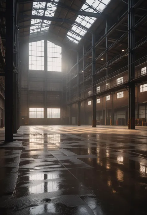 (medium full shot) of inside a quiet deserted industrial warehouse, rainy, natural light filtering in, creaking floors, at dawn, Masterpiece,best quality, photo, realistic, very aesthetic