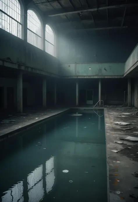 (medium full shot) of inside a eerie abandonned empty swimming pool, misty, flickering light, abandoned items, at night, ,Masterpiece,best quality, raw photo, realistic, very aesthetic, dark