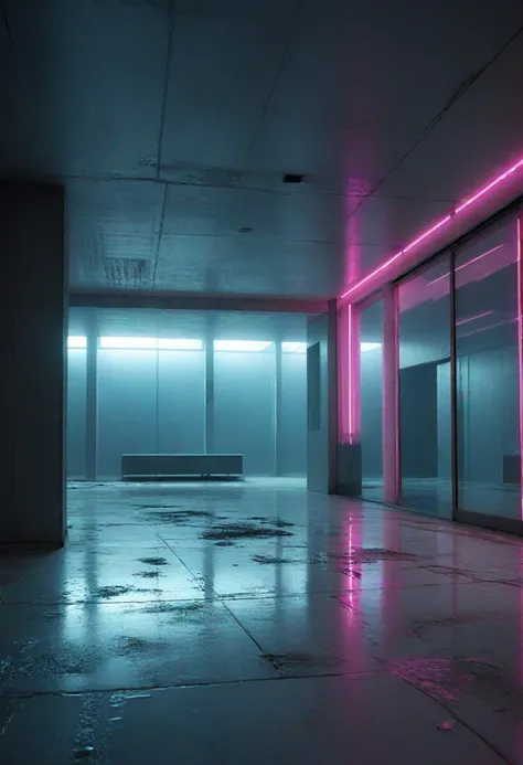 (medium full shot) of inside a eerie deserted modernist structure, misty, neon glow, creaking floors, at twilight, ,Masterpiece,best quality, photo, realistic, very aesthetic