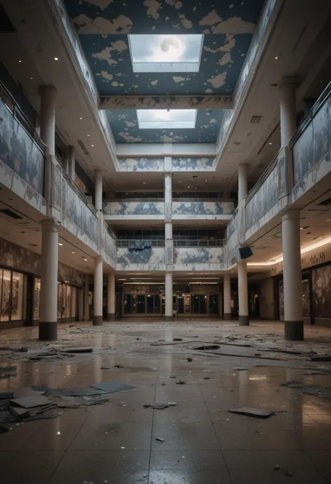 (medium full shot) of inside a ambiguous empty mall, stormy, moonlight, peeling wallpaper, at twilight, Masterpiece,best quality, photo, realistic, very aesthetic