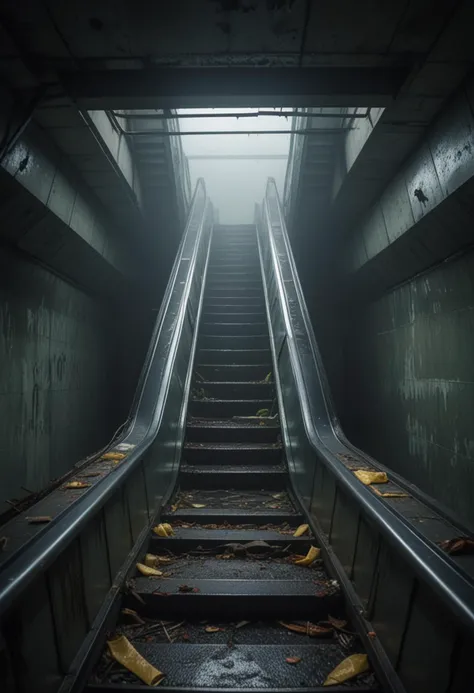 (medium full shot) of inside a eerie abandonned broken escalator, foggy, natural light filtering in, stagnant water, at dusk, Masterpiece,best quality, photo, realistic, very aesthetic